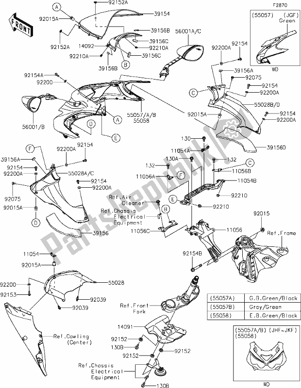 All parts for the 66-1cowling(upper) of the Kawasaki ZX 1400 Ninja ZX-14R ABS Brembo Ohlins 2018
