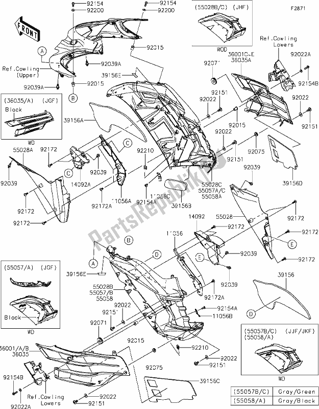 Todas as partes de 67 Cowling(center) do Kawasaki ZX 1400 Ninja ZX-14R ABS Brembo Ohlins 2018