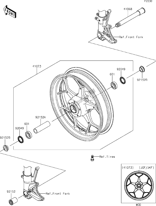 Alle onderdelen voor de 38 Front Hub van de Kawasaki ZX 1400 Ninja ZX-14R ABS Brembo Ohlins 2019