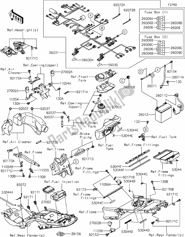 Alle onderdelen voor de 58 Chassis Electrical Equipment van de Kawasaki ZX 1400 Ninja ZX-14R ABS Brembo Ohlins 2019
