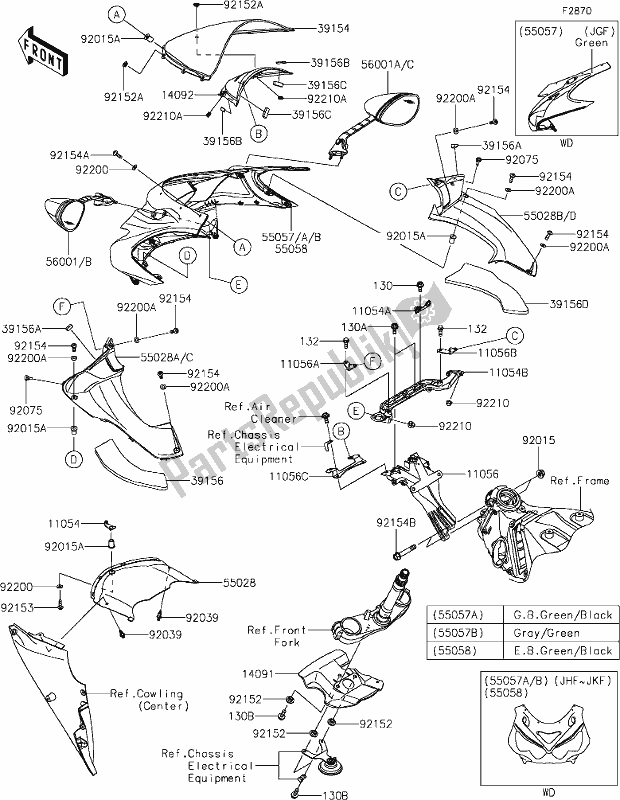 Alle onderdelen voor de 66-1cowling(upper) van de Kawasaki ZX 1400 Ninja ZX-14R ABS Brembo Ohlins 2019