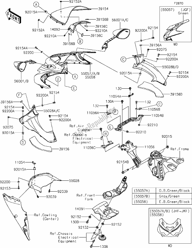 Alle onderdelen voor de 66-1cowling(upper) van de Kawasaki ZX 1400 Ninja ZX-14R ABS Brembo Ohlins 2019