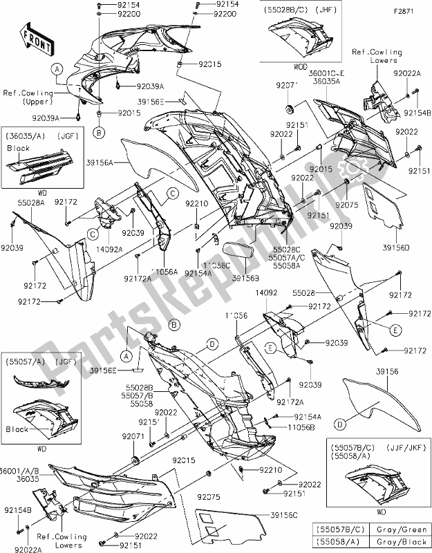 Alle onderdelen voor de 67 Cowling(center) van de Kawasaki ZX 1400 Ninja ZX-14R ABS Brembo Ohlins 2019