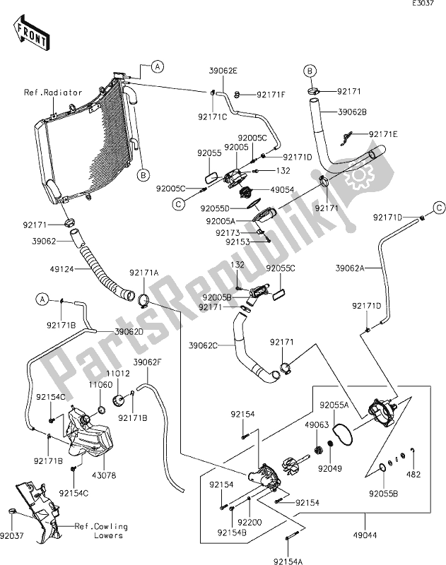 Alle onderdelen voor de 26 Water Pipe van de Kawasaki ZX 1400 Ninja ZX-14R ABS Brembo Ohlins 2020