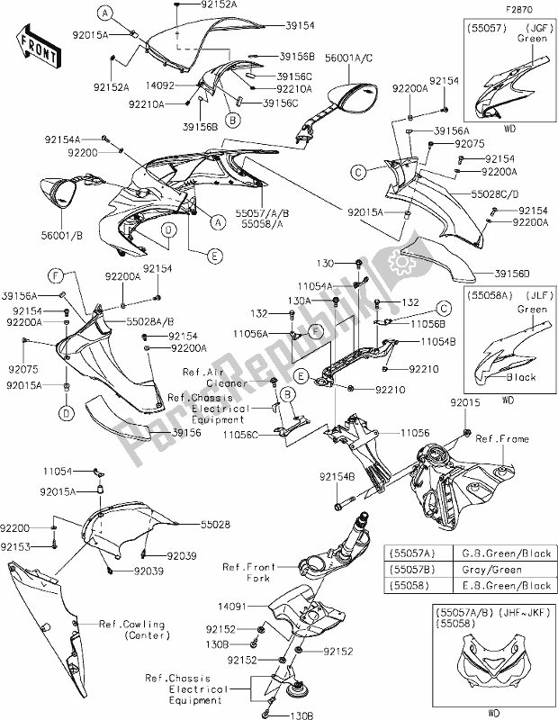 All parts for the 67 Cowling(upper) of the Kawasaki ZX 1400 Ninja ZX-14R ABS Brembo Ohlins 2020