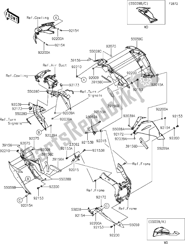 All parts for the 63 Cowling Lowers of the Kawasaki ZX 636 Ninja ZX-6 R 2021