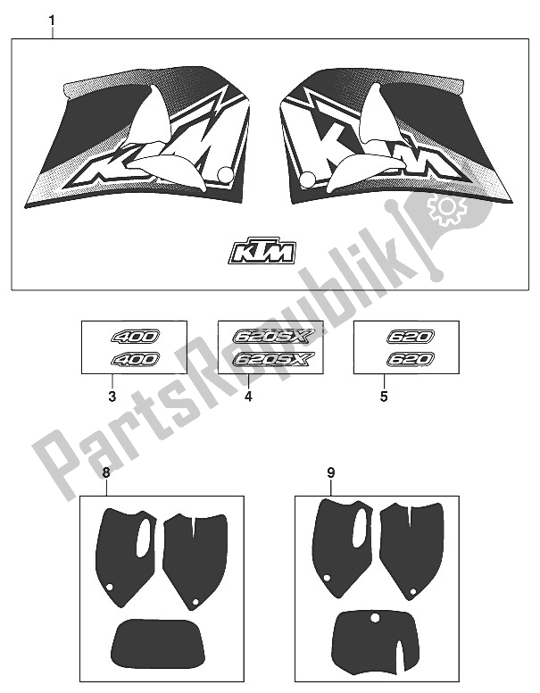 Todas as partes de Decalque Lc4 Sx, Sc '97 do KTM 400 SXC WP Europe 1997