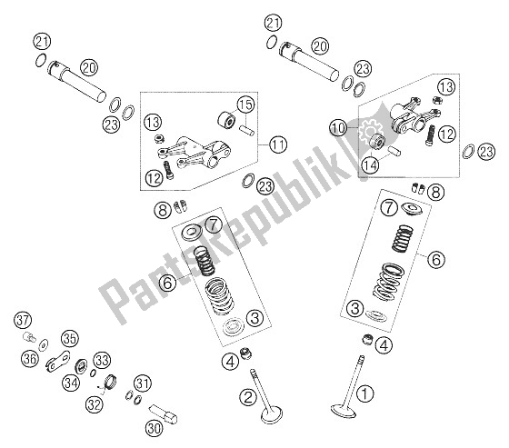 All parts for the Valve Drive of the KTM 640 LC4 Enduro Orange Europe 2005