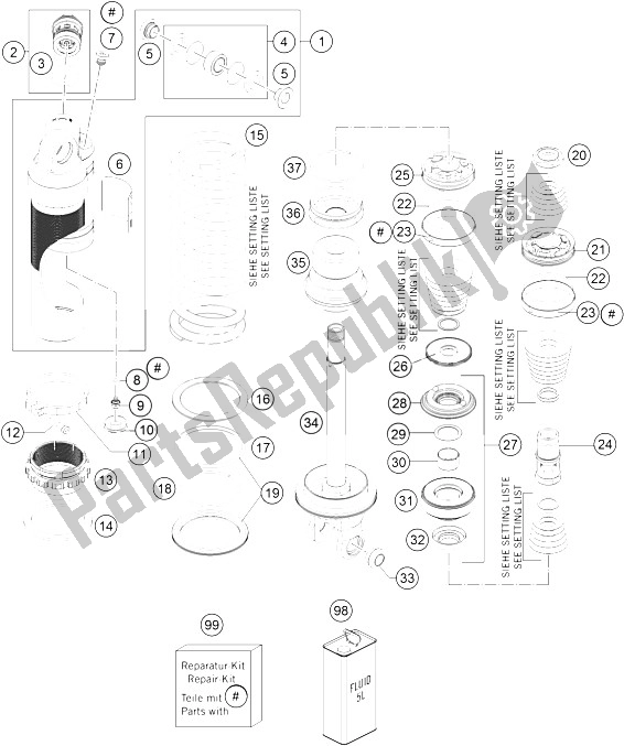 All parts for the Shock Absorber Disassembled of the KTM 125 EXC Europe 2015