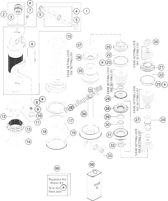 Todas as partes de Amortecedor Desmontado do KTM 125 EXC SIX Days Europe 2016