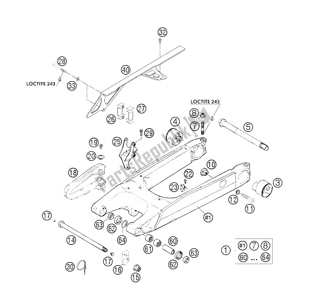 All parts for the Swingarm, Chain Guard of the KTM 640 Duke II Red Europe 2005