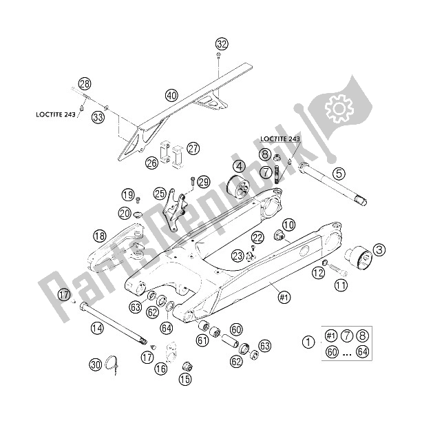 All parts for the Swingarm, Chain Guard of the KTM 640 Duke II Red United Kingdom 2005