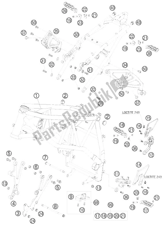 All parts for the Frame of the KTM 990 Super Duke White Australia United Kingdom 2009