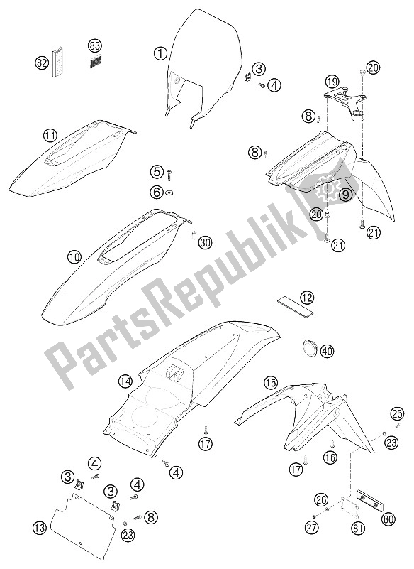 Tutte le parti per il Maschera, Parafango Lc4, Lc4 Sm del KTM 640 LC 4 E ROT 18L USA 2002