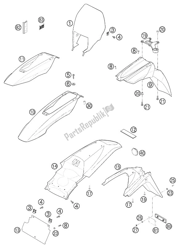 All parts for the Mask, Fender Lc4, Lc4 Sm of the KTM 640 LC4 E Stahlblau Europe 2002