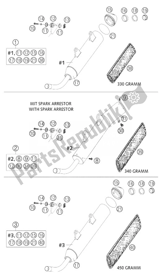 All parts for the Silencer 250/300 of the KTM 250 SX Europe 2004