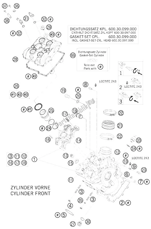 Alle onderdelen voor de Cilinderkop Voor van de KTM 990 Super Duke R France 2008