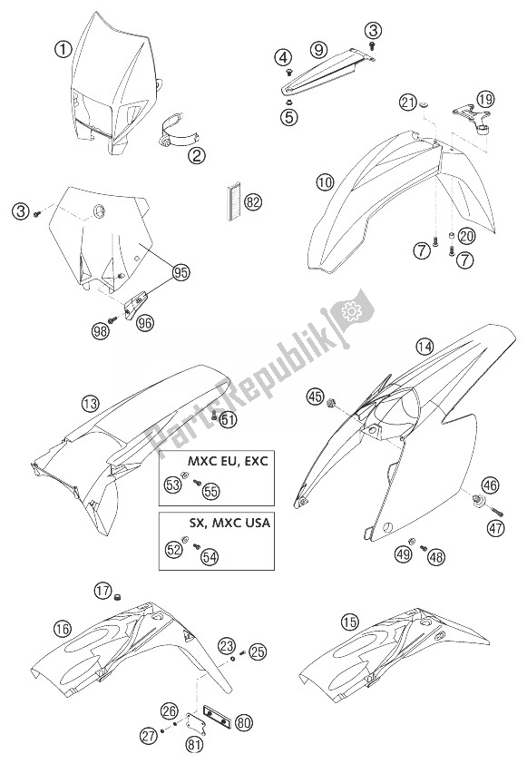 All parts for the Fender Racing of the KTM 250 EXC Racing SIX Days Europe 2003