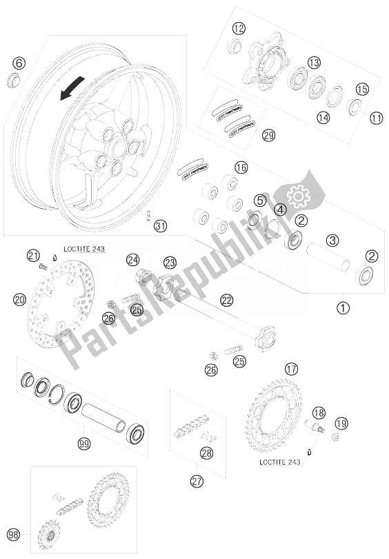 All parts for the Rear Wheel of the KTM 990 Super Duke Orange Australia United Kingdom 2010