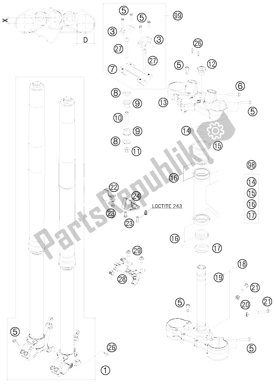 All parts for the Front Fork, Triple Clamp of the KTM 990 Adventure S USA 2008