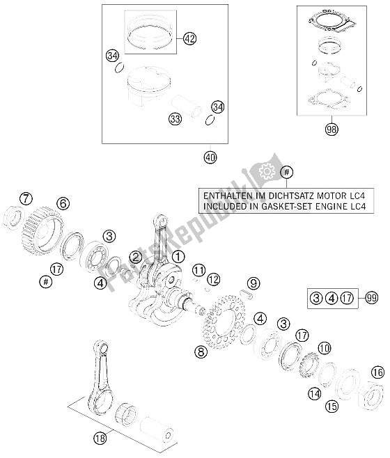 All parts for the Crankshaft, Piston of the KTM 690 Duke Black CKD Malaysia 2012