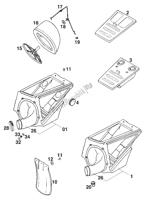 Todas as partes de Caixa De Filtro De Ar 250/300 '95 do KTM 250 SX M O USA 1996