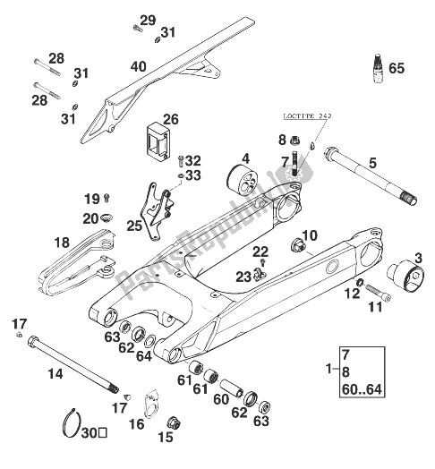 All parts for the Schwingarm, Kettenschutz Duke of the KTM 640 Duke II Titan Europe 1999