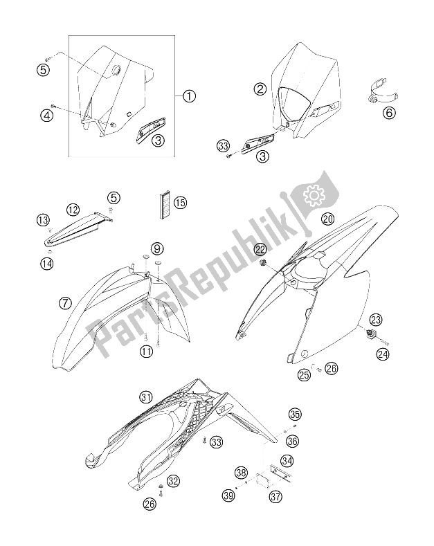 Todas las partes para Máscara, Defensas de KTM 250 EXC Australia 2006