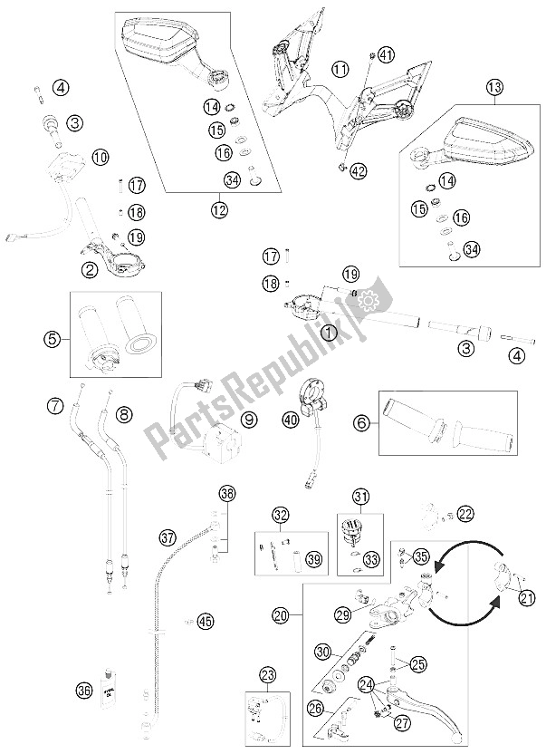 All parts for the Handlebar, Controls of the KTM 1190 RC8 R Black Europe 2011