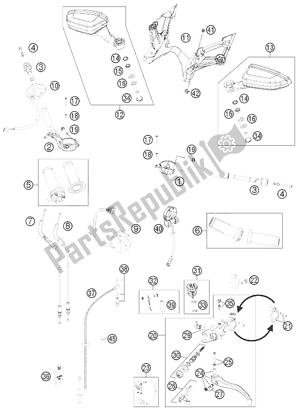 All parts for the Handlebar, Controls of the KTM 1190 RC8 R White France 2012