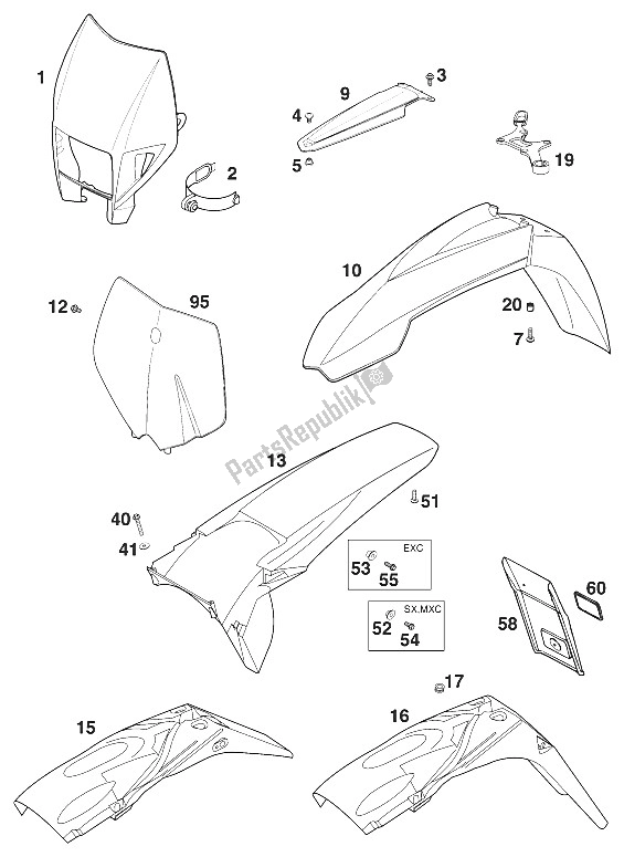 All parts for the Fenders 125-380 '2000 of the KTM 125 EXC USA 2000