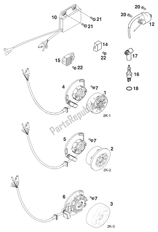 Tutte le parti per il Accensione Kokusan 2k-1 / 2k2 / 2k3 del KTM 125 EXC Europe 2000