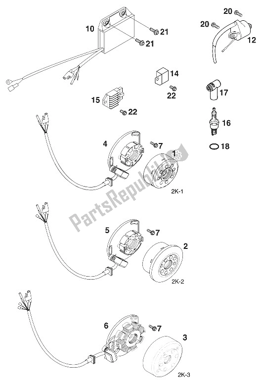 Tutte le parti per il Accensione Kokusan 2k-1 / 2k2 / 2k3 del KTM 125 SX Europe 2000