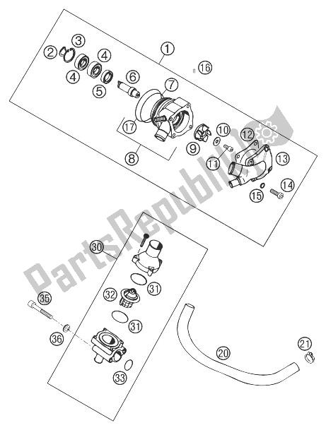 All parts for the Mech. Water Pump Sc 2000 of the KTM 400 SUP Comp 20 KW Europe 1999