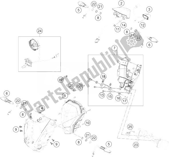 All parts for the Lighting System of the KTM 390 Duke Black ABS BAJ DIR 14 USA 2014