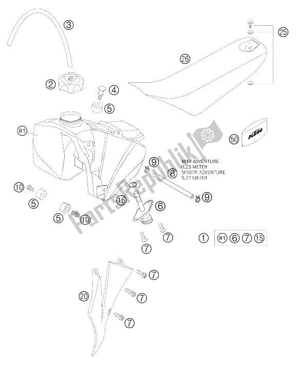 Todas las partes para Tanque, Asiento, Tapa de KTM 50 Mini Adventure Europe 2006
