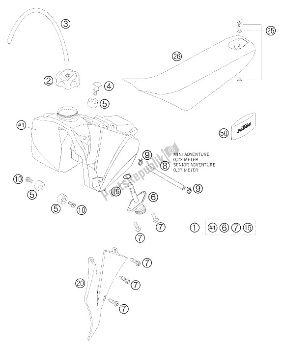 Alle onderdelen voor de Tank, Stoel, Deksel van de KTM 50 Senior Adventure Europe 2006
