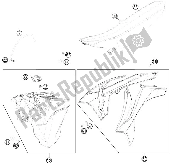 All parts for the Tank, Seat, Cover of the KTM 250 EXC F CKD Brazil 2016