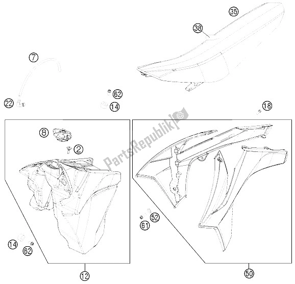 Todas las partes para Tanque, Asiento, Tapa de KTM 250 EXC F Europe 2012