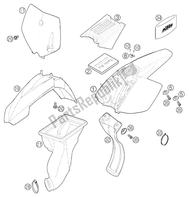 Alle onderdelen voor de Masker, Achter, Spatbord 50 Gs van de KTM 50 Mini Adventure GS Europe 2002