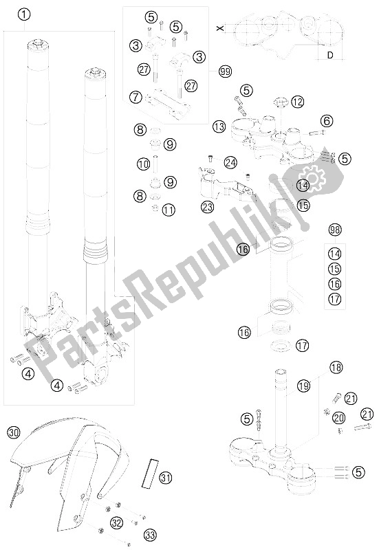 All parts for the Front Fork, Triple Clamp of the KTM 990 Supermoto T Orange 09 Europe 2009