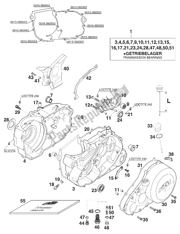 Tutte le parti per il Basamento Lc4-e `97 del KTM 400 EGS E 29 KW 11 LT Blau Australia 1997