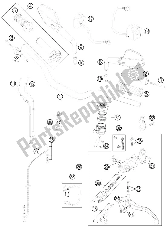 Todas as partes de Guiador, Controles do KTM 990 Super Duke Black Europe 2011