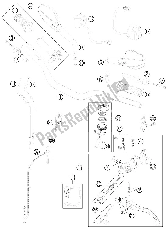 All parts for the Handlebar, Controls of the KTM 990 Super Duke R France 2011