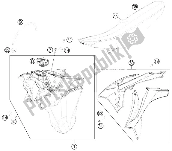 Alle onderdelen voor de Tank, Stoel, Hoezen van de KTM 500 EXC Europe 2015