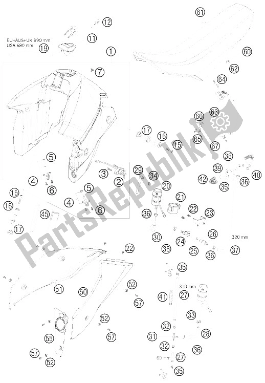 Toutes les pièces pour le Réservoir, Siège, Couverture du KTM 950 Super Enduro R USA 2009