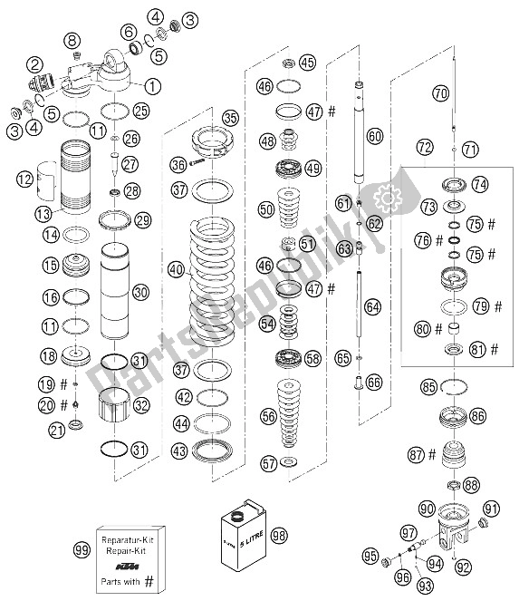 All parts for the Shock Absorber Disassambled of the KTM 125 EXC Europe 2005