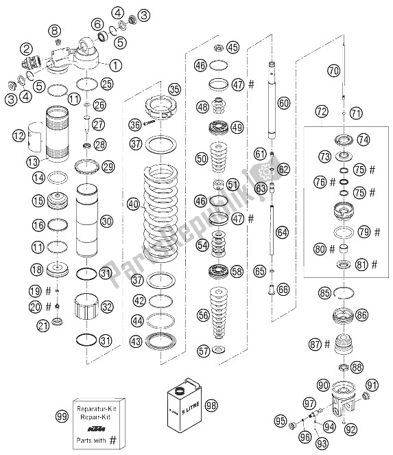 All parts for the Shock Absorber Disassambled of the KTM 200 EXC Australia 2005