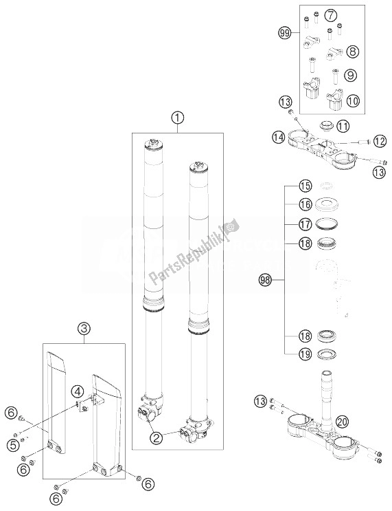 All parts for the Front Fork, Triple Clamp of the KTM Freeride 250 R Europe 2014