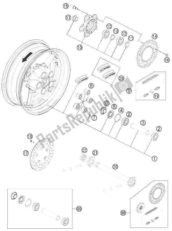 All parts for the Rear Wheel of the KTM 1190 RC8 R Black Australia 2011